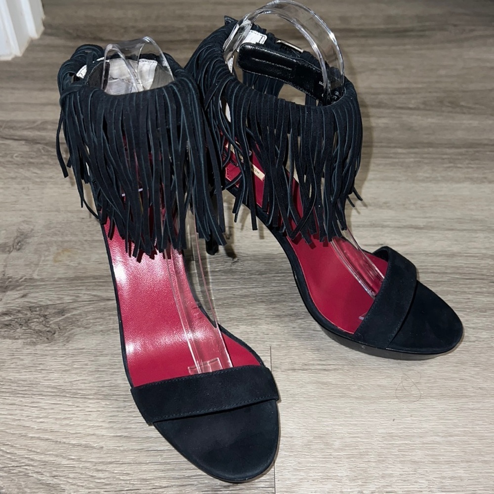 Max Studio Leather Forest Black Fringed Party Sandal Boho Platform Western Heel